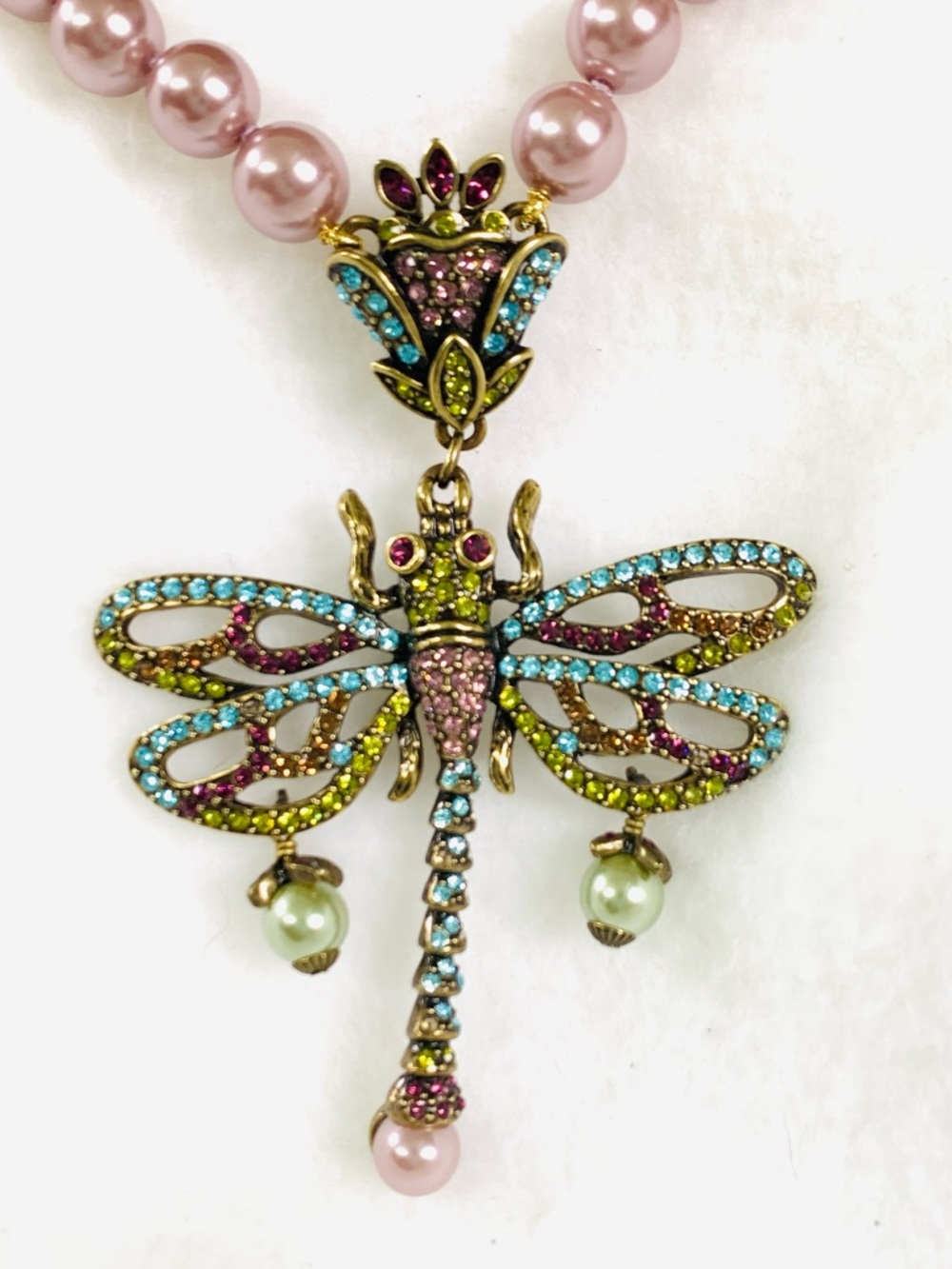 Heidi Daus Pink Pearl Necklace with Multicolor Crystal Dragonfly Pendant